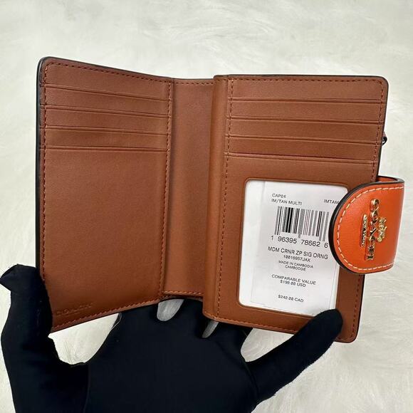 Coach Medium Corner Zip Wallet In Signature Canvas With Orange Print In Tan NWT - Picture 3 of 5